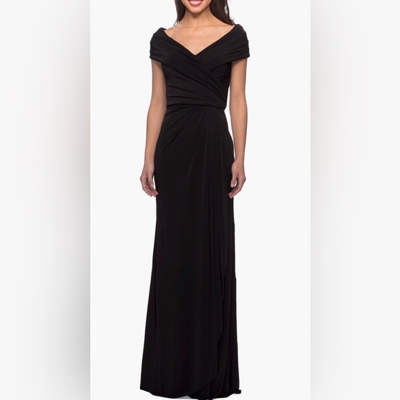 La Femme Dresses & Skirts - La Femme Ruched Jersey Long Gown with V-neckline black Dress